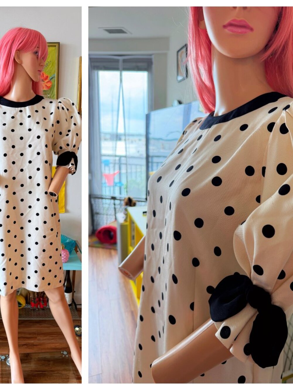AKRIS Switzerland Designer Black & White Silk Polka Dot Shift Dress M